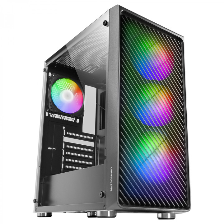 Mars Gaming MC-F Negro, Semitorre Gaming ATX, Ventana Completa Cristal Templado, Frontal Metal-Mesh, 4x Ventiladores...