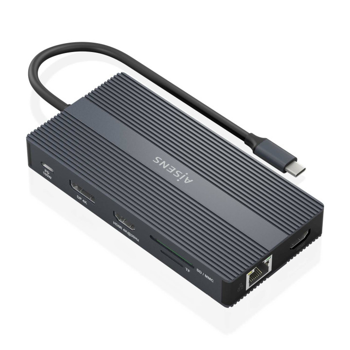 AISENS USB-C Dock 12 En 1, USB-C a 2xHDMI, 1xDisplayport, 1xRJ45, 4xUSB-A, 1xUSB-C, 1xUSB-C PD, 1xSD, 1xMicro SD, Gris,