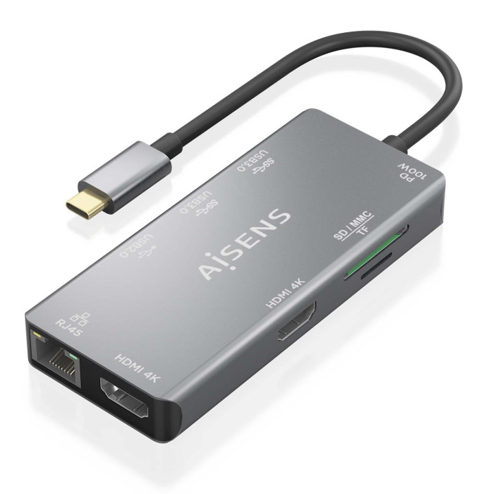 AISENS USB-C Dock 9 En 1, USB-C a 2xHDMI, 1xRJ45, 2xUSB-A USB3.0, 1xUSB-A USB2.0, 1xUSB-C PD, 1xSD, 1xMicro SD, Gris,...