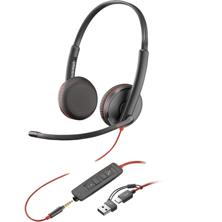 POLY Auriculares Blackwire 3225 estéreo USB-C + conector de 3,5 mm + adaptador USB-C/A (paquete)