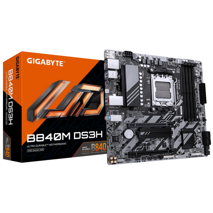 GIGABYTE B840M DS3H Placa base - Procesadores AMD Ryzen 9000, VRM de 8+2+2 fases, hasta 8200 MHz DDR5, 2xPCIe 4.0 M.2,