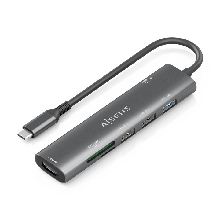 AISENS USB-C Dock 7 en 1, USB-C A, 1x HDMI, 2x USB-A USB2.0, 1x USB-A USB3.0, 1x USB-C PD 100W, 1x SD, 1x MicroSD,...