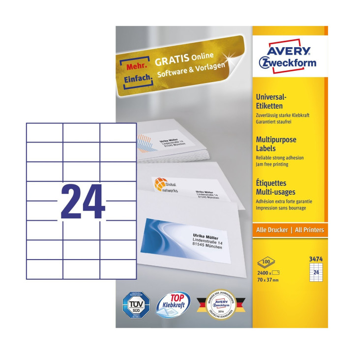 Avery 3474 etiqueta autoadhesiva Rectángulo Permanente Blanco 2400 pieza(s)