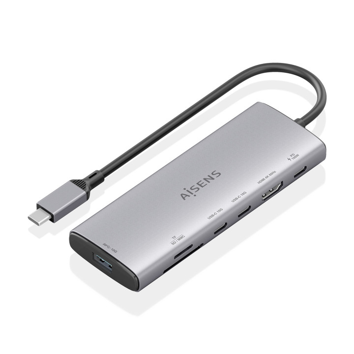 AISENS USB-C Dock 7 en 1, USB-C a 1xHDMI, 1xUSB-A 10G, 2xUSB-C 10G, 1xSD, 1xMicroSD, 1xUSB-C PD 100W, Gris, 20cm