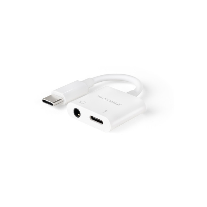 Nanocable Adaptador de Audio USB-C/M a Jack 3.5/H + USB-C/H PD 60W, 11.5 cm, Blanco