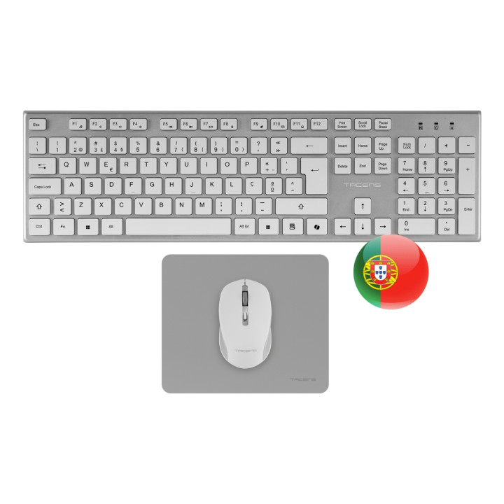 Tacens 6ZENITHWPT teclado Ratón incluido Hogar / Oficina RF inalámbrico QWERTY Portugués Plata, Blanco