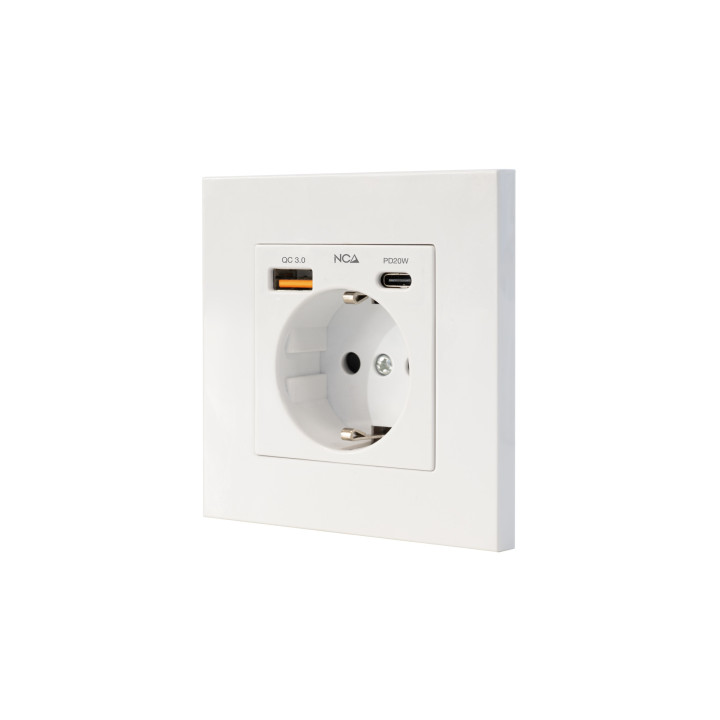 Nanocable Base de enchufe de pared tipo schuko con 1xUSB-A QC 3.0 + 1xUSB-C PD - Max. 3.4A, Blanco