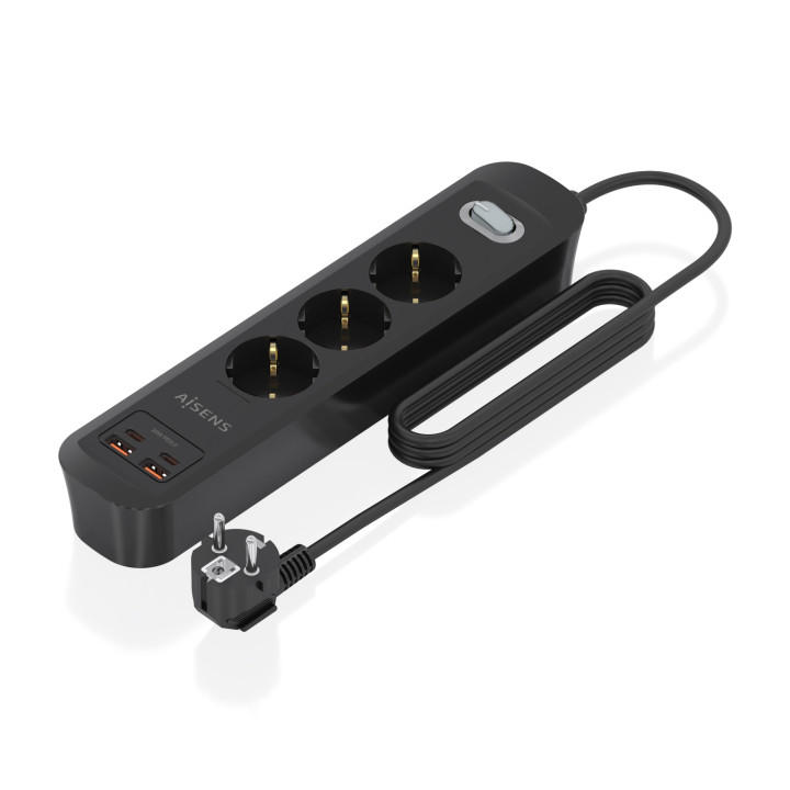 AISENS Regleta de Enchufes Multifuncion con 3 Tomas + Cargador PD3.0 20W 2xUSB-C, 2xUSB-A, 1.4m, Negro
