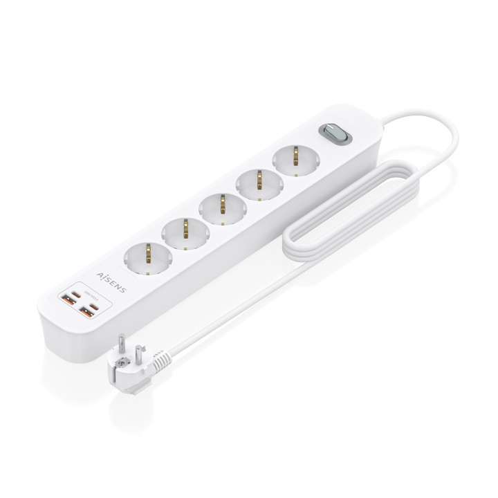 AISENS Regleta de Enchufes Multifuncion con 5 Tomas + Cargador PD3.0 20W 2xUSB-C, 2xUSB-A, 1.4m, Blanco