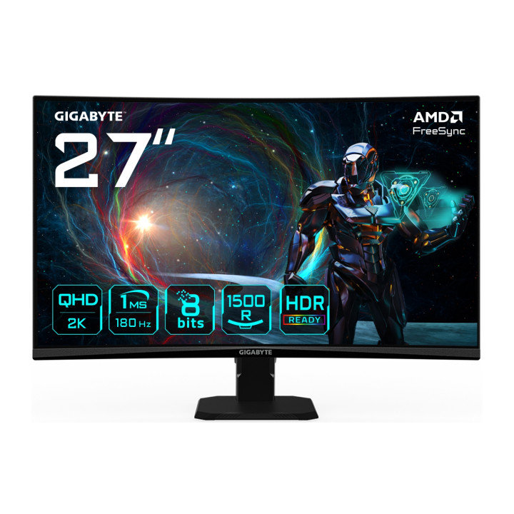 GIGABYTE GS27QCA 27" Monitor Curvo para Gaming QHD - 2560 x 1440, 180Hz, 1ms, 250 cd/m², FreeSync, HDR Ready, HDMI 2.0,