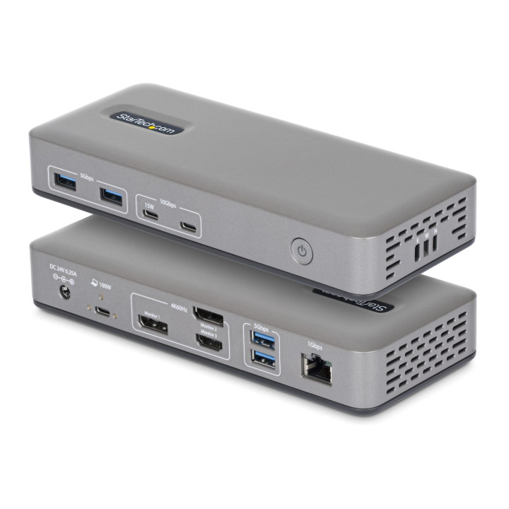 StarTech.com Docking Station USB-C - 3 Monitores 4K (2x 4K60Hz + 1x 4K30Hz) - PD 100W - 6 Puertos USB 10Gbps - GbE -...