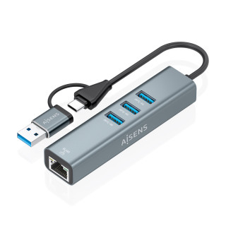 AISENS Conversor USB3.2 Gen1 USB-A+USB-C A Ethernet Gigabit 10/100/1000 Mbps + Hub 3xUSB3.0, Gris, 15cm