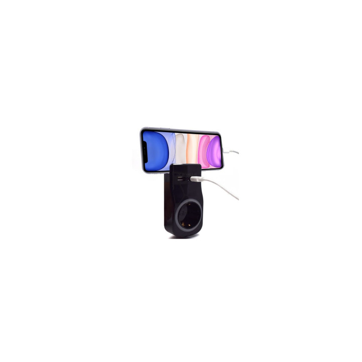 Adaptador de pared welly enjoy toma schuko 16a con luz nocturna 2puertos usb indicador led soporte telefono negro...