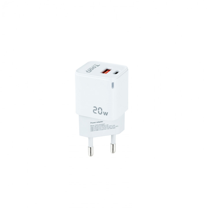 TooQ Cargador de Pared USB-C/PD + USB-A/QC 20W, Blanco