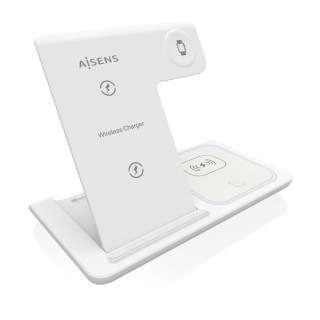 AISENS Cargador Inalambrico USB-C 3 En 1 De 15W Para Movil, Apple Watch, Ariculares Con Estuche De Carga, Blanco