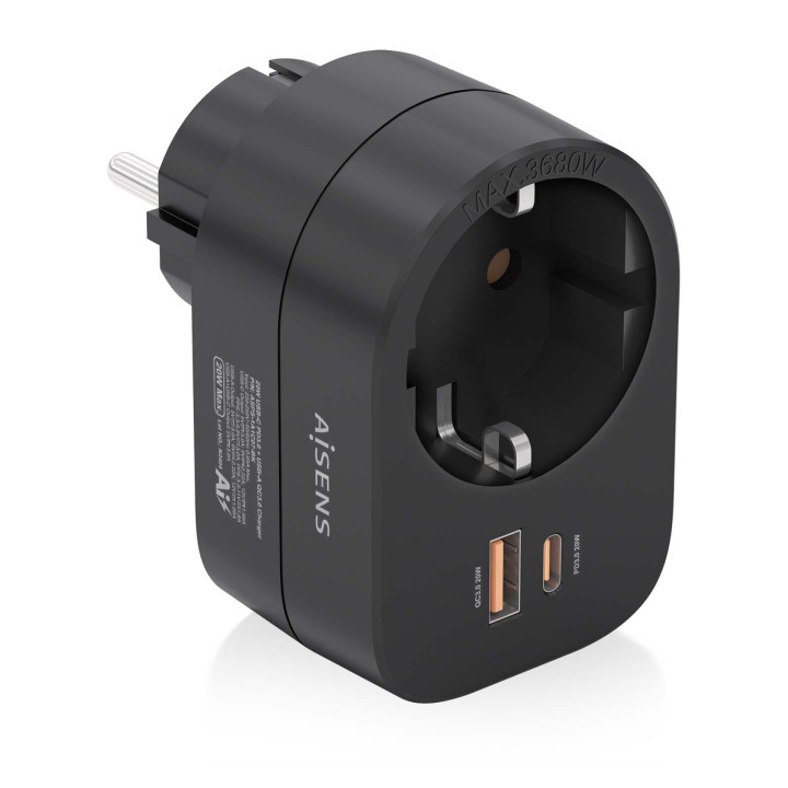 AISENS Regleta De Pared Multifuncion Con 1 Toma + 1xUSB-C 20W PD3.0, 1xUSB-A 20W QC3.0, Negro
