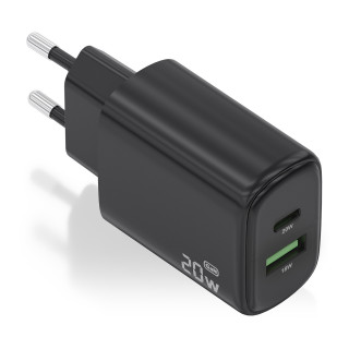 AISENS Cargador GaN 20W, 1xUSB-C PD3.0, 1xUSB-A QC3.0, Negro