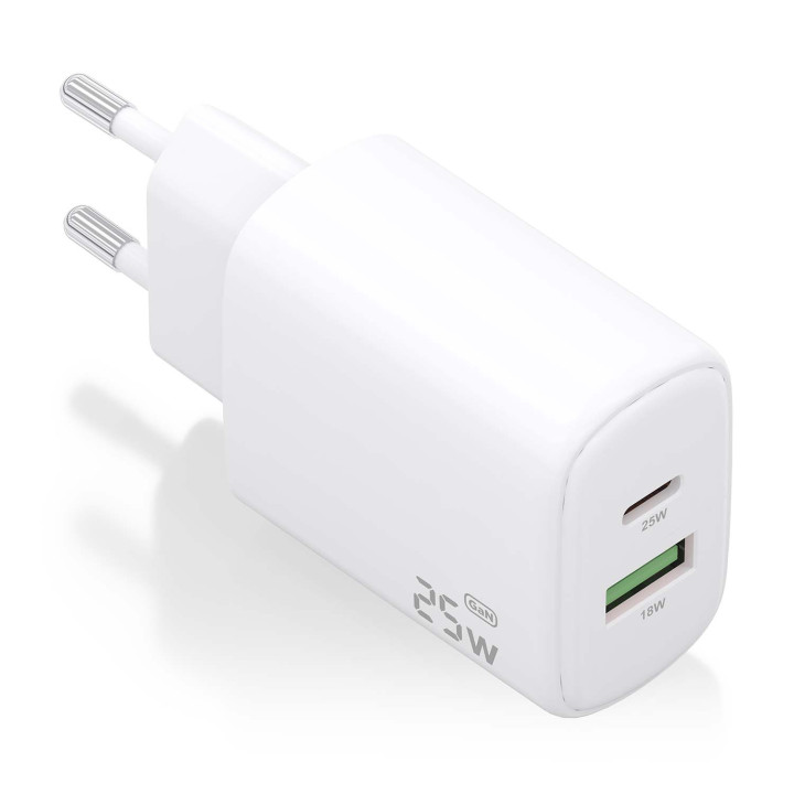 AISENS Cargador GaN 25W, 1xUSB-C PD3.0, 1xUSB-A QC3.0, Blanco