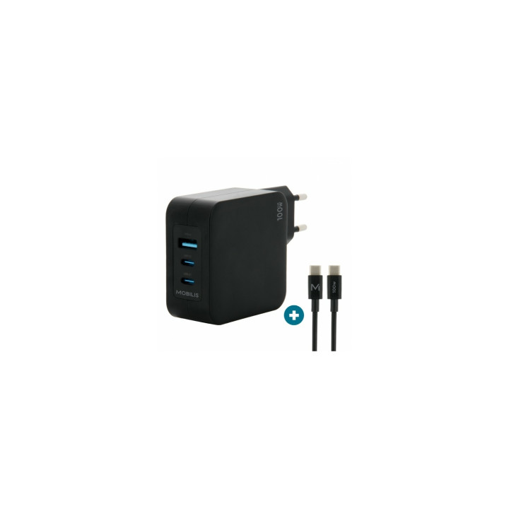 Mobilis Charger 100W 2USB C 1USBA GaN cable 100W Portátil, Smartphone, Tableta Negro Corriente alterna Interior