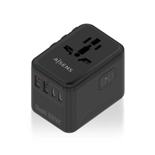 AISENS Adaptador Enchufe Universal Para Viaje EU/USA/UK/AU Con Cargador USB GaN, 2xUSB-A (A1 QC3.0), 3xUSB-C (C1 PD3.0)