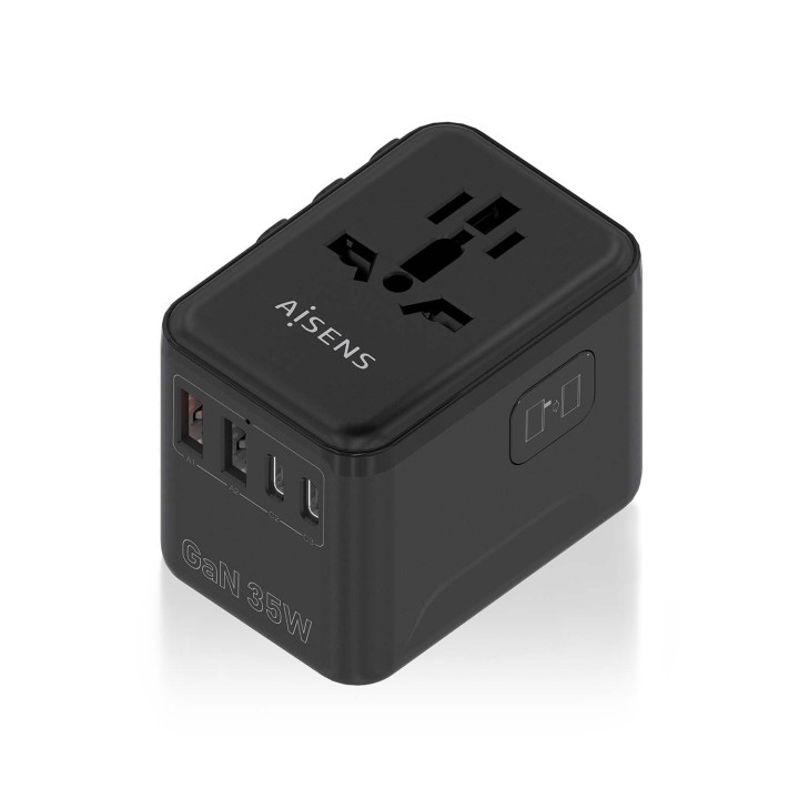 AISENS Adaptador Enchufe Universal Para Viaje EU/USA/UK/AU Con Cargador USB GaN, 2xUSB-A (A1 QC3.0), 3xUSB-C (C1 PD3.0)