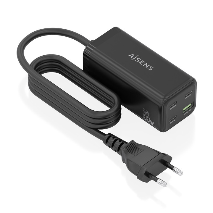 AISENS Cargador Sobremesa GaN 100W, 3x USB-C PD3.0 QC4.0 QC5.0, 1x USB-A QC3.0, Negro