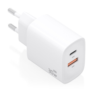 AISENS Cargador GaN 30W, 1xUSB-C PD3.0 QC4.0, 1xUSB-A QC3.0, Blanco