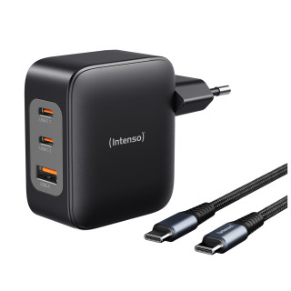 Intenso W100ACC+C520C, Set de adaptador de corriente + cable de carga, 100 W, carga rápida, GaN, carga simultánea de 3