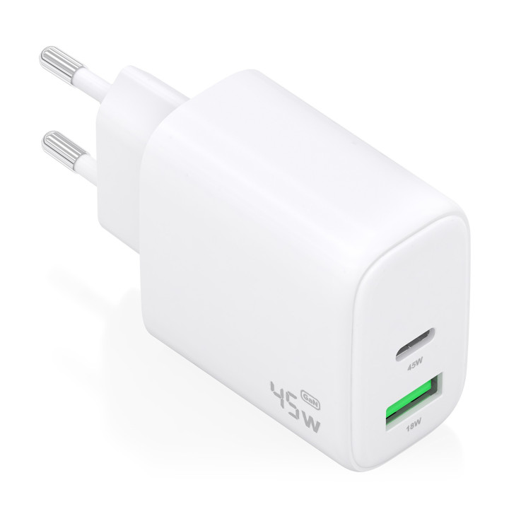 AISENS Cargador GaN 45W, 1xUSB-C PD3.0 QC4.0, 1xUSB-A QC3.0, Blanco