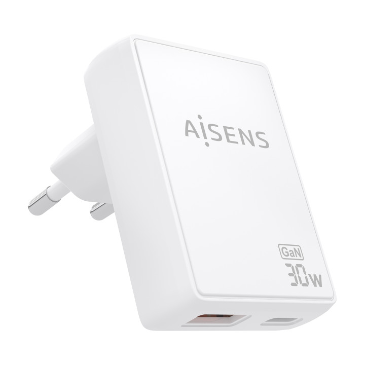 AISENS Cargador De Pared GaN Ultra Delgado 30W, 1xUSB-C PD3.0 QC4.0, 1xUSB-A QC3.0, Blanco