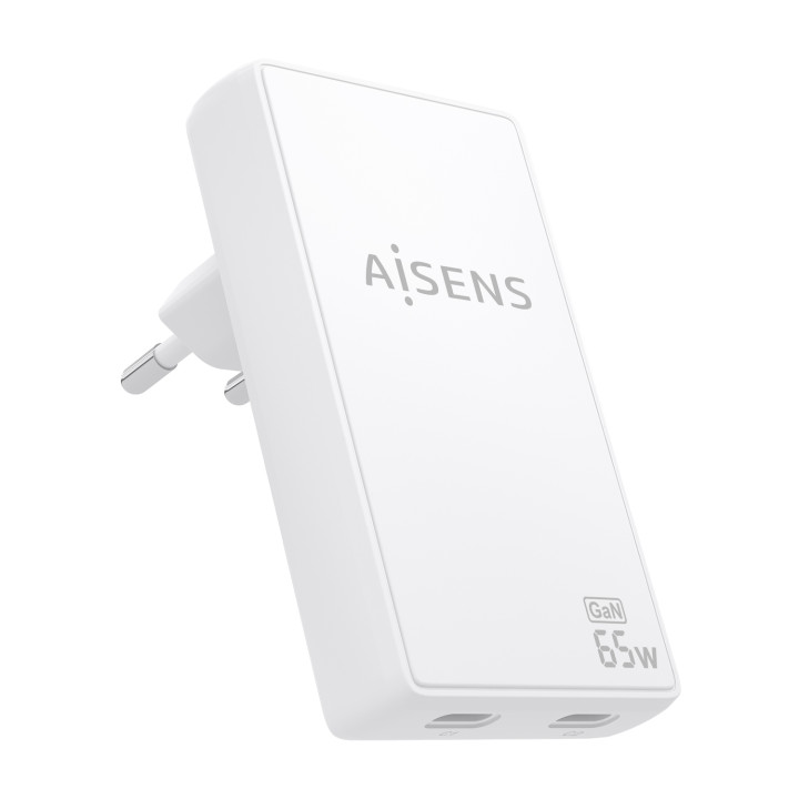 AISENS Cargador De Pared GaN Ultra Delgado 65W, 2xUSB-C PD3.0 QC4.0, Blanco