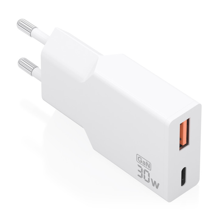 AISENS Cargador Ultra Delgado GaN 30W, 1xUSB-C PD3.0 QC4.0, 1xUSB-A QC3.0, Blanco