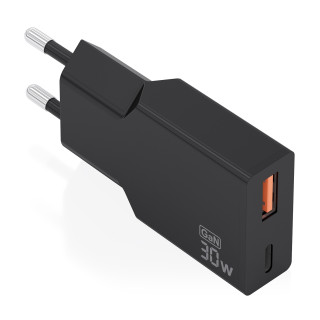 AISENS Cargador Ultra Delgado GaN 30W, 1xUSB-C PD3.0 QC4.0, 1xUSB-A QC3.0, Negro