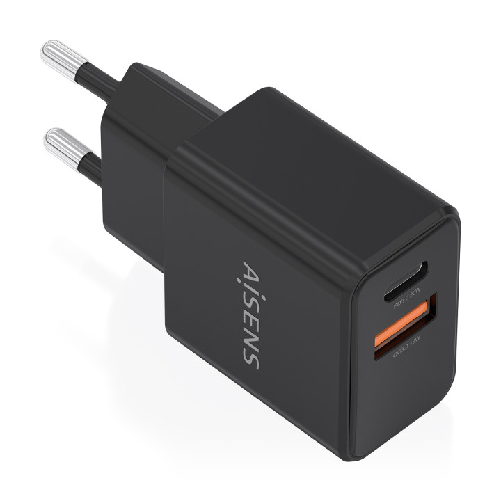 AISENS Cargador GaN 20W, 1xUSB-C PD3.0, 1xUSB-A QC3.0, Negro