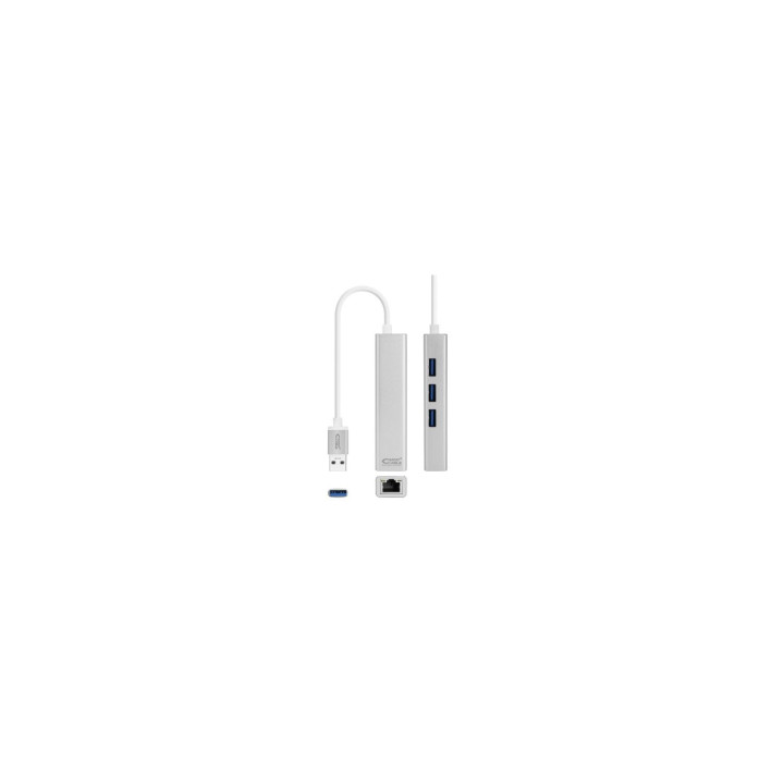 ADAPTADOR USB-C A ETHERNET GIGABIT NANOCABLE USB-C MACHO RJ45 HEMBRA 3XUSB 3.0 HEMBRA 15CM PLATA 10.03.0404