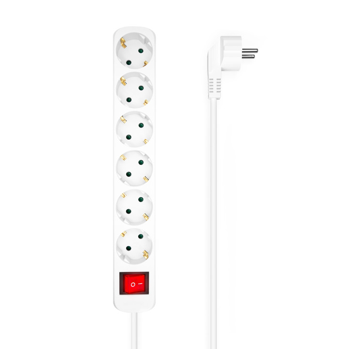 AISENS Base Multiple 6 Tomas Con Interruptor Con Cable 3x1.5mm2, Blanco, 1.4m