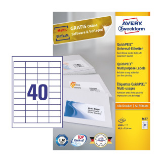 Avery 3657 etiqueta autoadhesiva Rectángulo Permanente Blanco 4000 pieza(s)