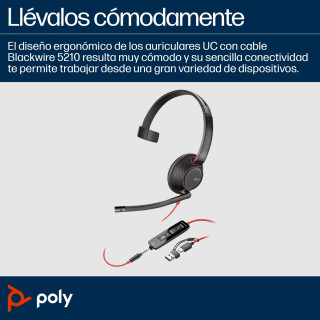 POLY Auriculares Blackwire 5210 monaural USB-C + conector de 3,5 mm + adaptador USB-C/A (paquete)