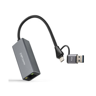 Nanocable Conversor USB-C+USB-A/M 3.0 a Ethernet, Aluminio, Gris, 15 cm