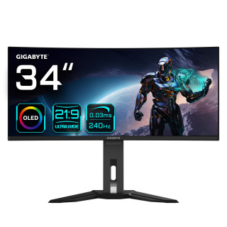 GIGABYTE Monitor de juegos curvo OLED WQHD MO34WQC2 de 34" - 3440 x 1440, 240Hz, 0.03ms, KVM, 250 cd/m², FreeSync...