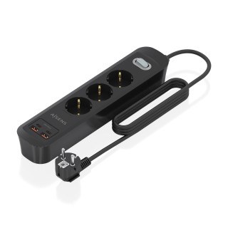 AISENS Regleta de Enchufes Multifuncion con 3 Tomas + Cargador PD3.0 20W 2xUSB-C, 2xUSB-A, 1.4m, Negro
