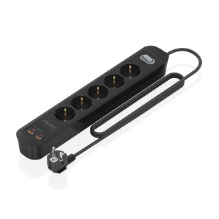 AISENS Regleta de Enchufes Multifuncion con 5 Tomas + Cargador PD3.0 20W 2xUSB-C, 2xUSB-A, 1.4m, Negro