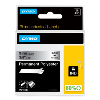 DYMO Rhino etiquetas de poliéster permanentes e industriales | 9 mm x 5,5 m | de color negro sobre fondo metalizado