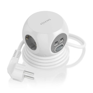 AISENS Regleta de Enchufes Sobremesa Multifuncion con 3 Tomas + 2xUSB-C, 2xUSB-A, 1.4M, Blanco