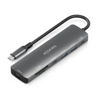AISENS USB-C Dock 7 en 1, USB-C A, 1x HDMI, 2x USB-A, 1x USB-C, 1x USB-C PD 100W, 1x SD, 1x MicroSD, Gris, 15cm